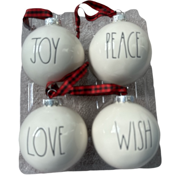 Rae Dunn 4 Ornament Set, “Joy, Peace, Love & Wish”,New With Tag In Box - Picture 2 of 5